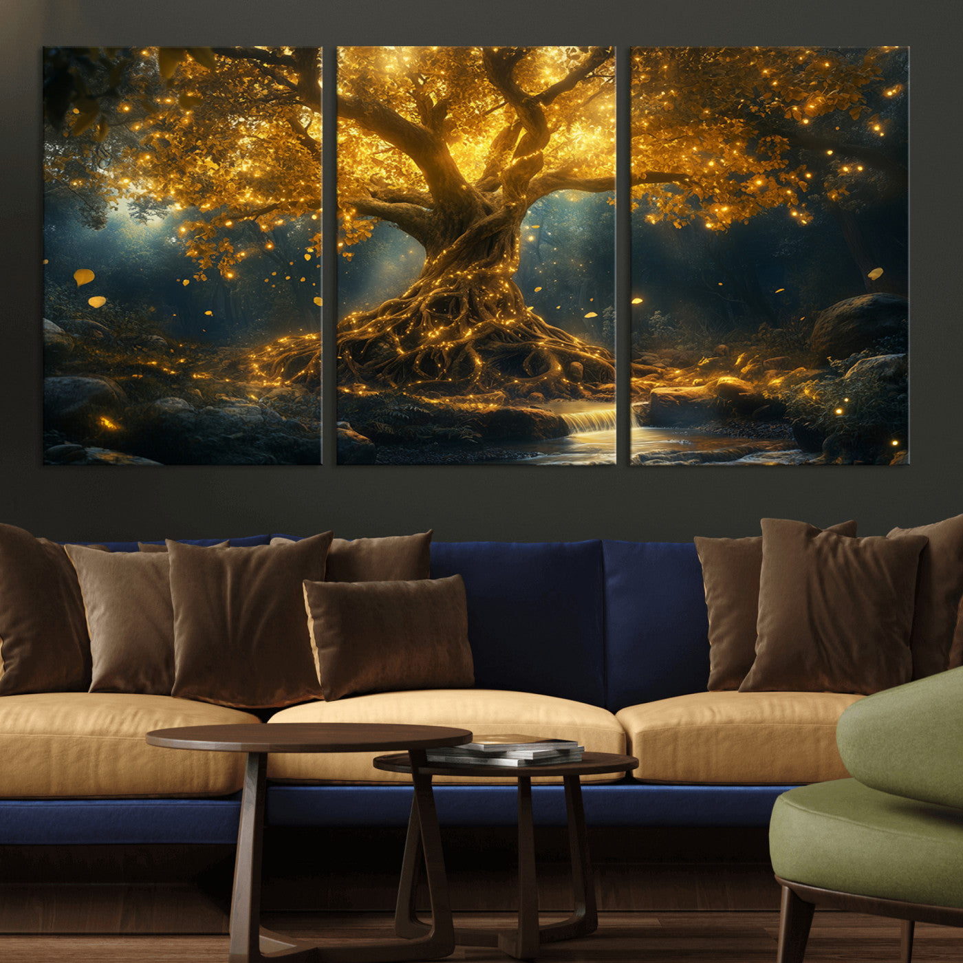 92739-MGV-CV-36X24-Glowing Tree Wall Art – Enchanted Golden Forest Canvas Print, Mystical Illuminated Nature Painting Poster for Living Room,
