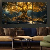 92739-MGV-CV-36X24-Glowing Tree Wall Art – Enchanted Golden Forest Canvas Print, Mystical Illuminated Nature Painting Poster for Living Room,