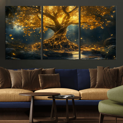92739-MGV-CV-36X24-Glowing Tree Wall Art – Enchanted Golden Forest Canvas Print, Mystical Illuminated Nature Painting Poster for Living Room,