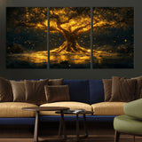 59580-MGV-CV-36X24-Glowing Tree Wall Art – Golden Fantasy Nature Canvas Print, Mystical Illuminated Tree Painting Poster for Living Room, Bedroom,