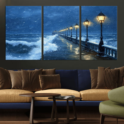 32668-MGV-CV-36X24-Stormy Pier Wall Art – Ocean Waves and Street Lamps Canvas Print, Rainy Night Seascape Oil Painting Poster for Living Room,