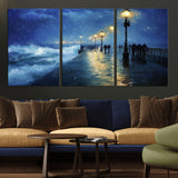 76572-MGV-CV-36X24-Stormy Night Pier Wall Art – Ocean Waves and Street Lamps Canvas Print, Rainy Seascape Oil Painting Poster for Living Room,