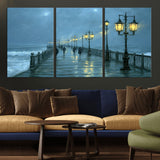 79606-MGV-CV-36X24-Rainy Pier Night Wall Art – Ocean Waves and Street Lamps Canvas Print, Moody Seascape Oil Painting Poster for Living Room,