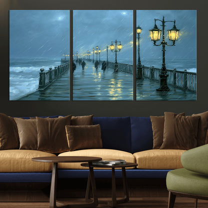 79606-MGV-CV-36X24-Rainy Pier Night Wall Art – Ocean Waves and Street Lamps Canvas Print, Moody Seascape Oil Painting Poster for Living Room,