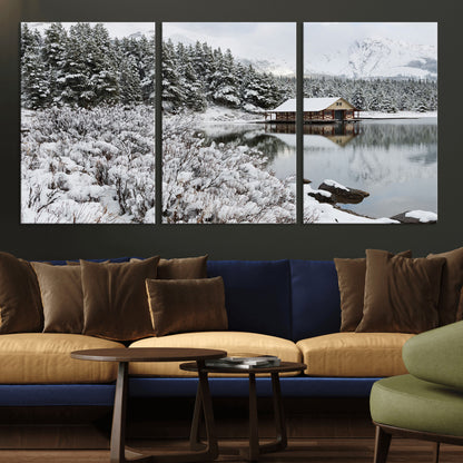 94285-MGV-CV-36X24-Snowy Cabin Wall Art Canvas Print, Framed Winter Cabin Art Picture Print, Mountain Lake Perfect Snowy Nature Decor Artwork