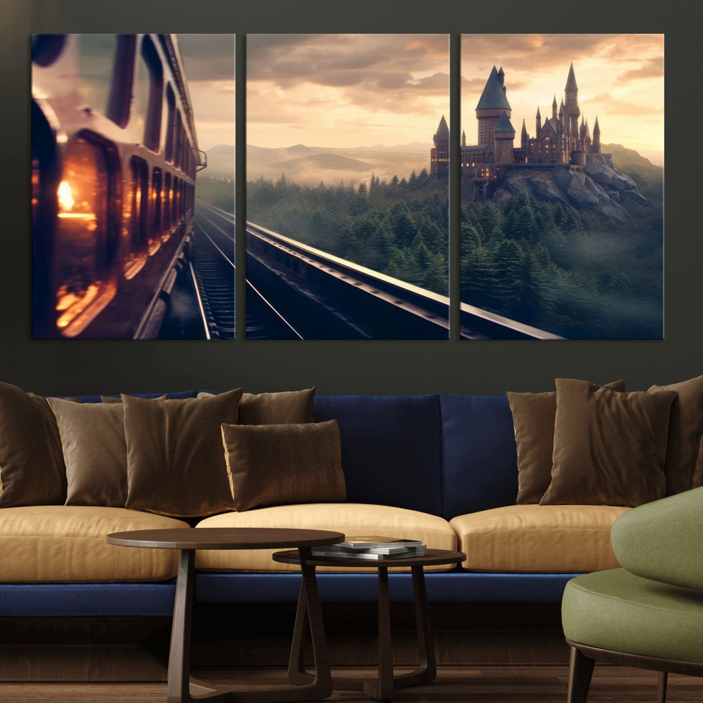 84029-MGV-CV-36X24-Fantasy Castle Wall Art – Magical Train Sunset Forest Canvas Print, Enchanted Landscape Painting Poster for Living Room, Bedroom,
