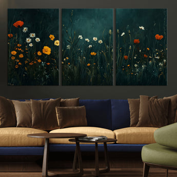 87037-MGV-CV-36X24-Wildflower Wall Art – Dark Botanical Floral Canvas Print, Modern Nature Painting Poster with Daisies Poppies Orange Flowers for