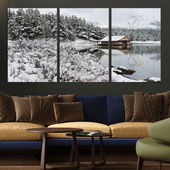 29975-MGV-CV-36X24-Winter Cabin by the Lake Wall Art – Snowy Mountain Landscape Canvas Print, Rustic Lodge Cabin Decor for Cozy Living Room, Bedroom