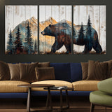 90077-MGV-CV-36X24-Wood Grizzly Bear Wall Art Canvas Print, Framed Abstract Bear Art Picture Print, Bear in Forest Perfect Rustic Lodge Decor Artwork
