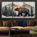 55777-MGV-CV-36X24-Rustic Bear Wall Art Canvas Print, Framed Mountain and Forest Art Picture Print, Wooden Bear Perfect Rustic Lodge Decor Artwork