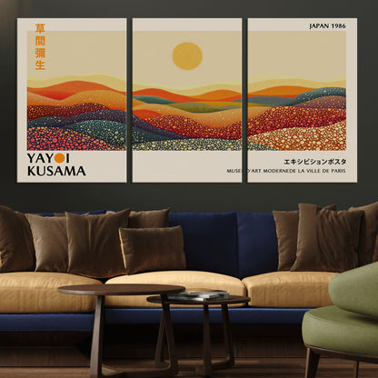 88180-MGV-CV-36X24-Yayoi Kusama Landscape Wall Art – Abstract Dotted Mountain Canvas Print, Retro Sun Poster for Modern Living Room, Office or