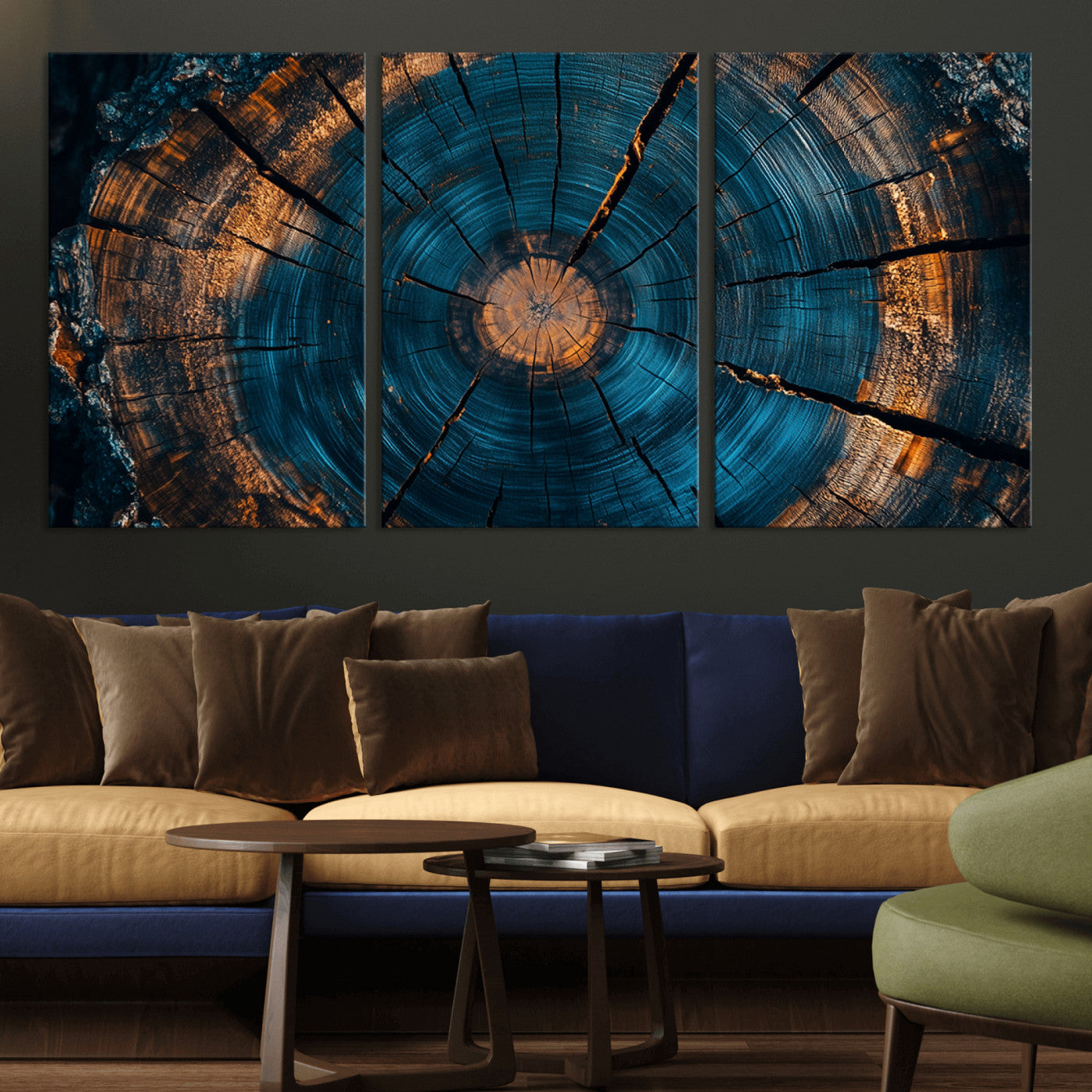 65231-MGV-CV-36X24-Blue and Gold Tree Ring Wall Art – Rustic Abstract Wood Slice Canvas Print, Modern Nature Inspired Artwork for Living Room,