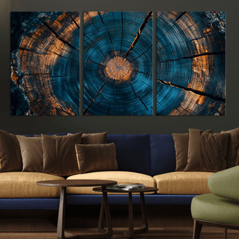 65231-MGV-CV-36X24-Blue and Gold Tree Ring Wall Art – Rustic Abstract Wood Slice Canvas Print, Modern Nature Inspired Artwork for Living Room,