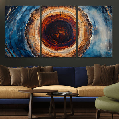 30457-MGV-CV-36X24-Tree Ring Abstract Wall Art – Blue and Brown Wood Grain Canvas Print, Modern Nature Inspired Painting for Rustic Living Room,