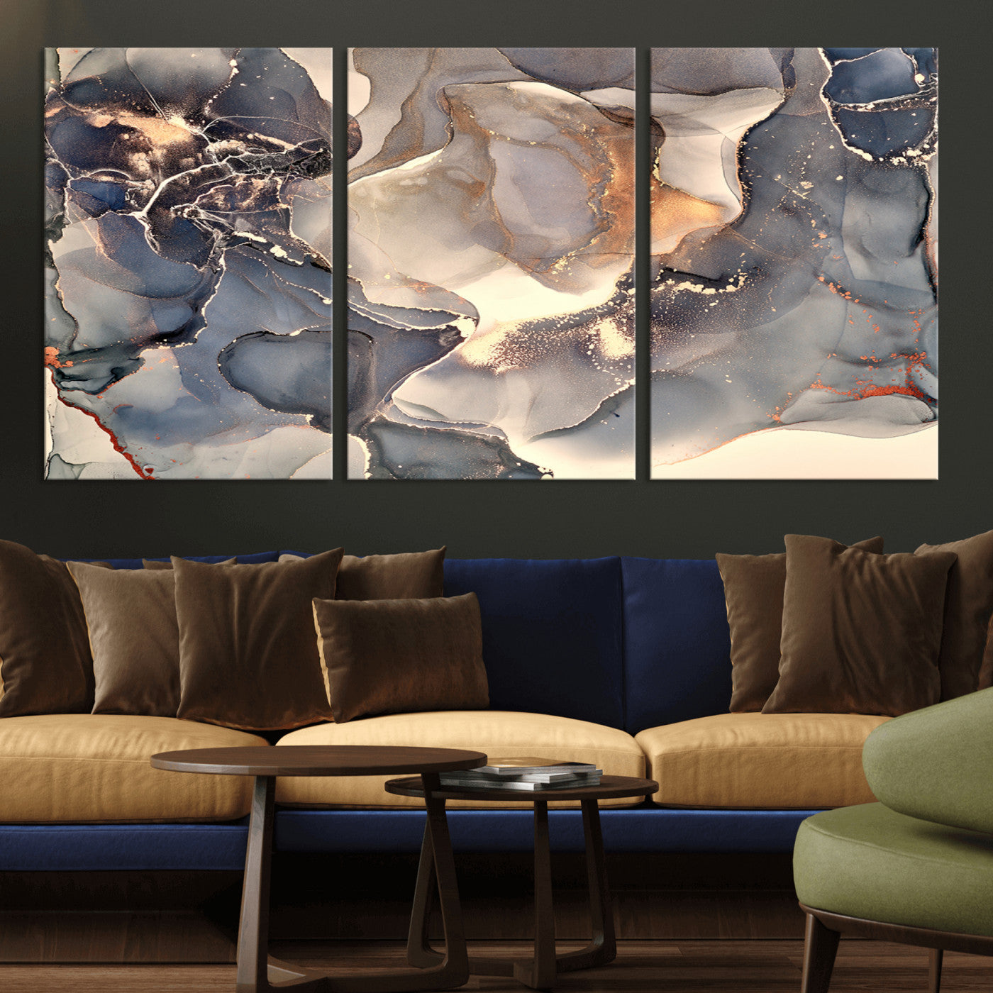 18202-MGV-CV-36X24-Abstract Neutral Wall Art – Blue, Beige and Gold Fluid Ink Canvas Print, Modern Minimalist Painting for Living Room, Office