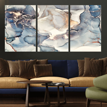 51497-MGV-CV-36X24-Abstract Blue and Gold Wall Art – Modern Fluid Ink Style Canvas Print, Elegant Contemporary Decor for Living Room, Office