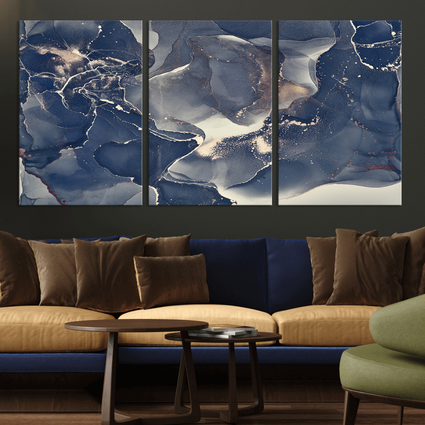 28282-MGV-CV-36X24-Blue Abstract Wall Art – Modern Ink Swirl Canvas Print, Contemporary Navy and Gold Painting for Living Room, Bedroom, Office or