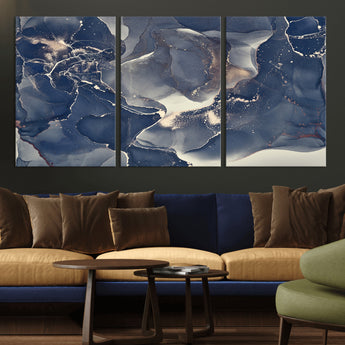 28282-MGV-CV-36X24-Blue Abstract Wall Art – Modern Ink Swirl Canvas Print, Contemporary Navy and Gold Painting for Living Room, Bedroom, Office or