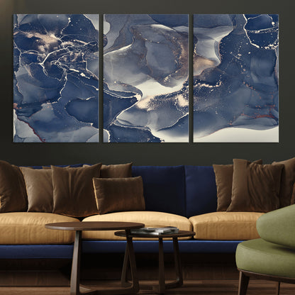 28282-MGV-CV-36X24-Blue Abstract Wall Art – Modern Ink Swirl Canvas Print, Contemporary Navy and Gold Painting for Living Room, Bedroom, Office or