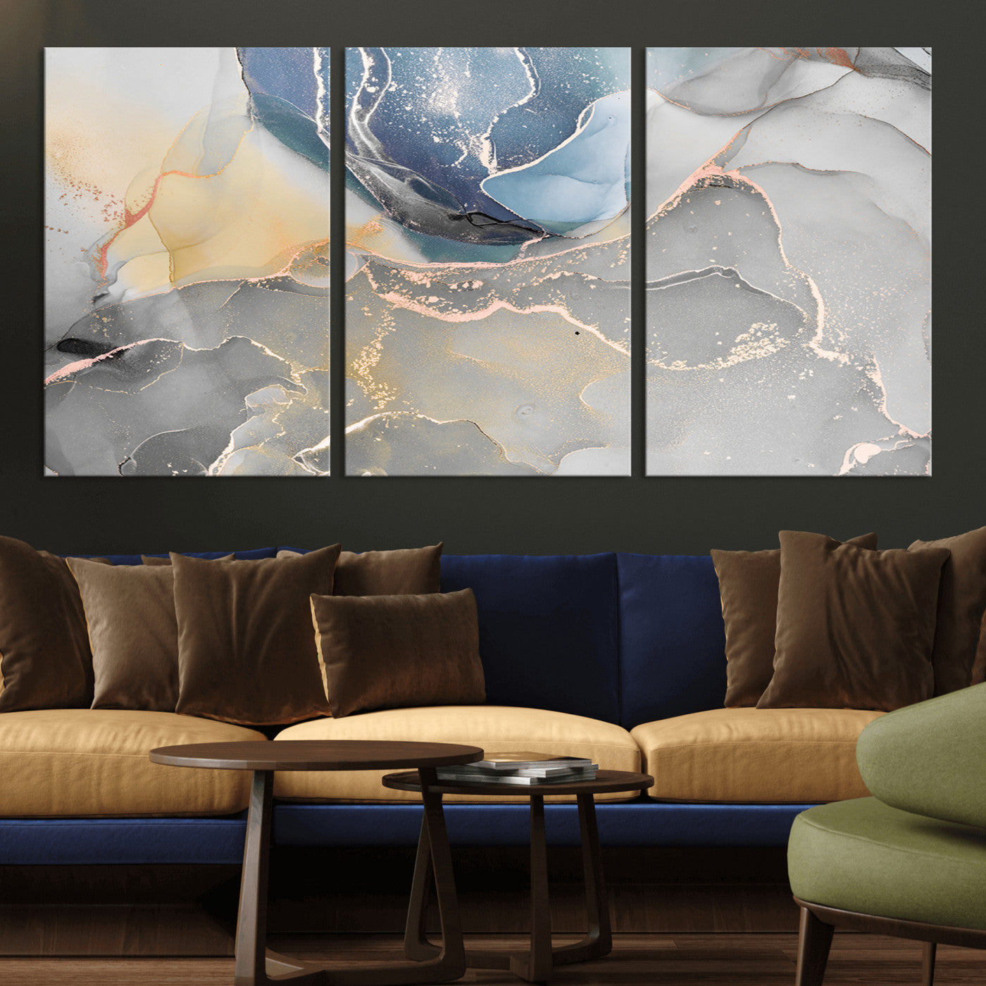 18176-MGV-CV-36X24-Abstract Fluid Wall Art – Modern Marble Ink Canvas Print with Blue, Gold, and Gray Tones, Contemporary Minimal Artwork Decor for
