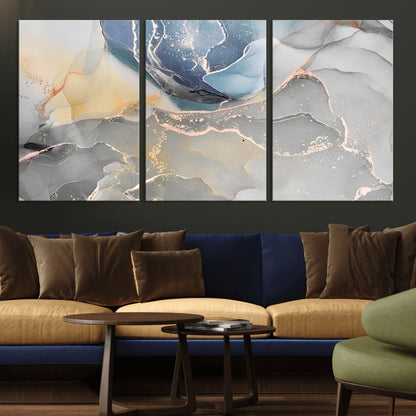 18176-MGV-CV-36X24-Abstract Fluid Wall Art – Modern Marble Ink Canvas Print with Blue, Gold, and Gray Tones, Contemporary Minimal Artwork Decor for