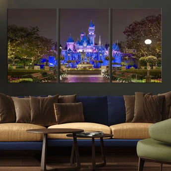 63560-MGV-CV-36X24-Fairy Tale Castle Wall Art – Magical Night Scene Canvas Print with Lights and Gardens, Fantasy Architecture Artwork for Living