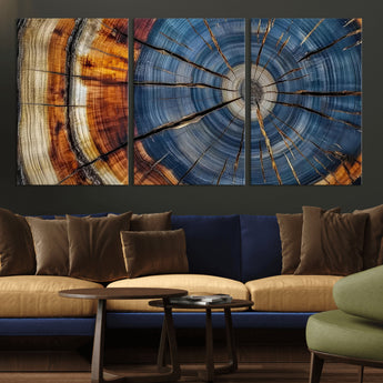 10583-MGV-CV-36X24-Tree Ring Wall Art – Abstract Wood Grain Canvas Print with Blue and Brown Tones, Nature Inspired Rustic Artwork for Living Room,