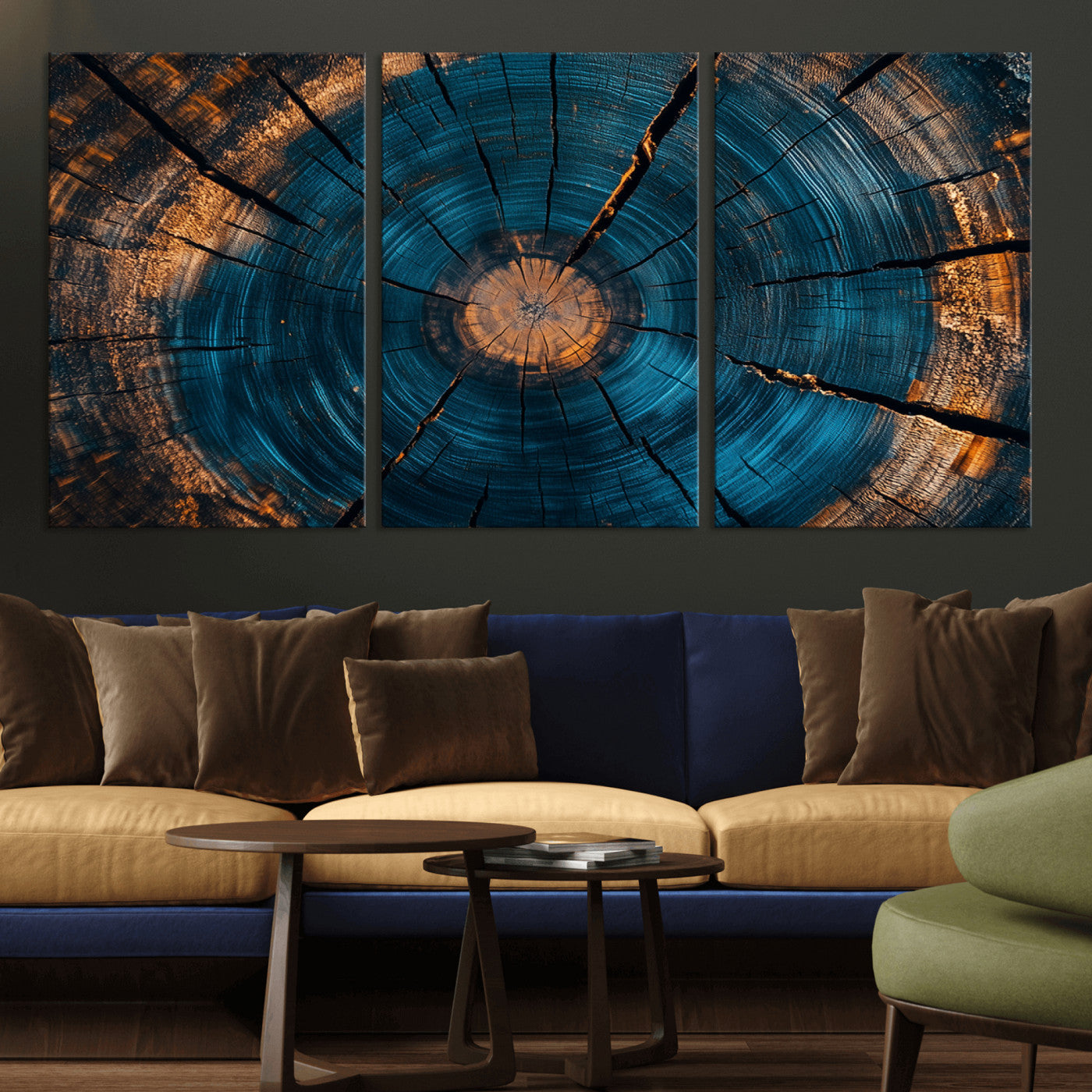 13398-MGV-CV-36X24-Tree Ring Wall Art – Abstract Wood Grain Canvas Print with Blue and Orange Accents, Rustic Nature Inspired Artwork for Living