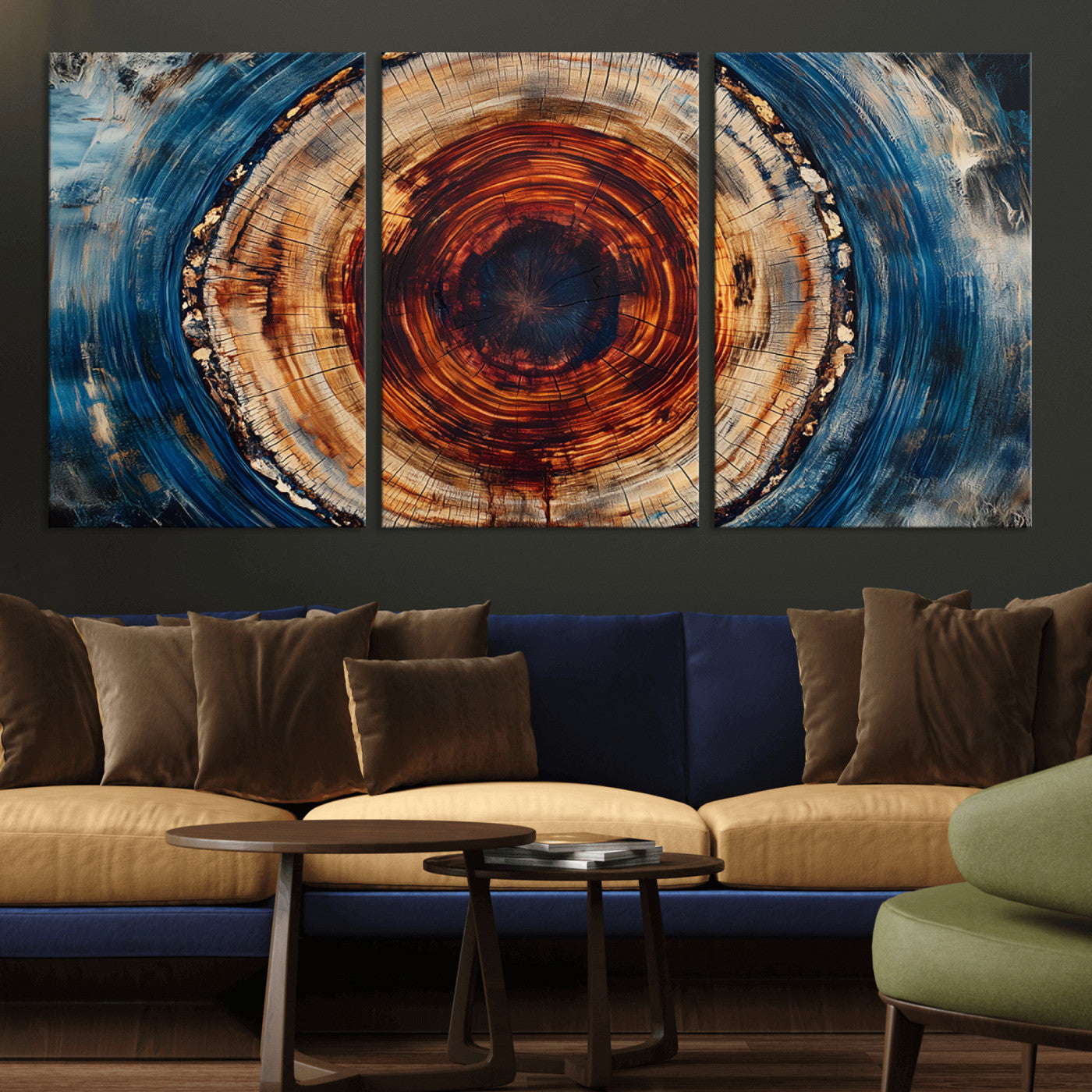 90395-MGV-CV-36X24-Tree Ring Wall Art – Abstract Wood Grain Canvas Print with Fiery Red and Blue Tones, Bold Rustic Nature Inspired Artwork Decor for