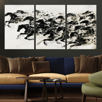 23069-MGV-CV-36X24-Galloping Horses Wall Art – Black Ink Painting on Canvas, Dynamic Equestrian Artwork with Running Stallions, Expressive Modern