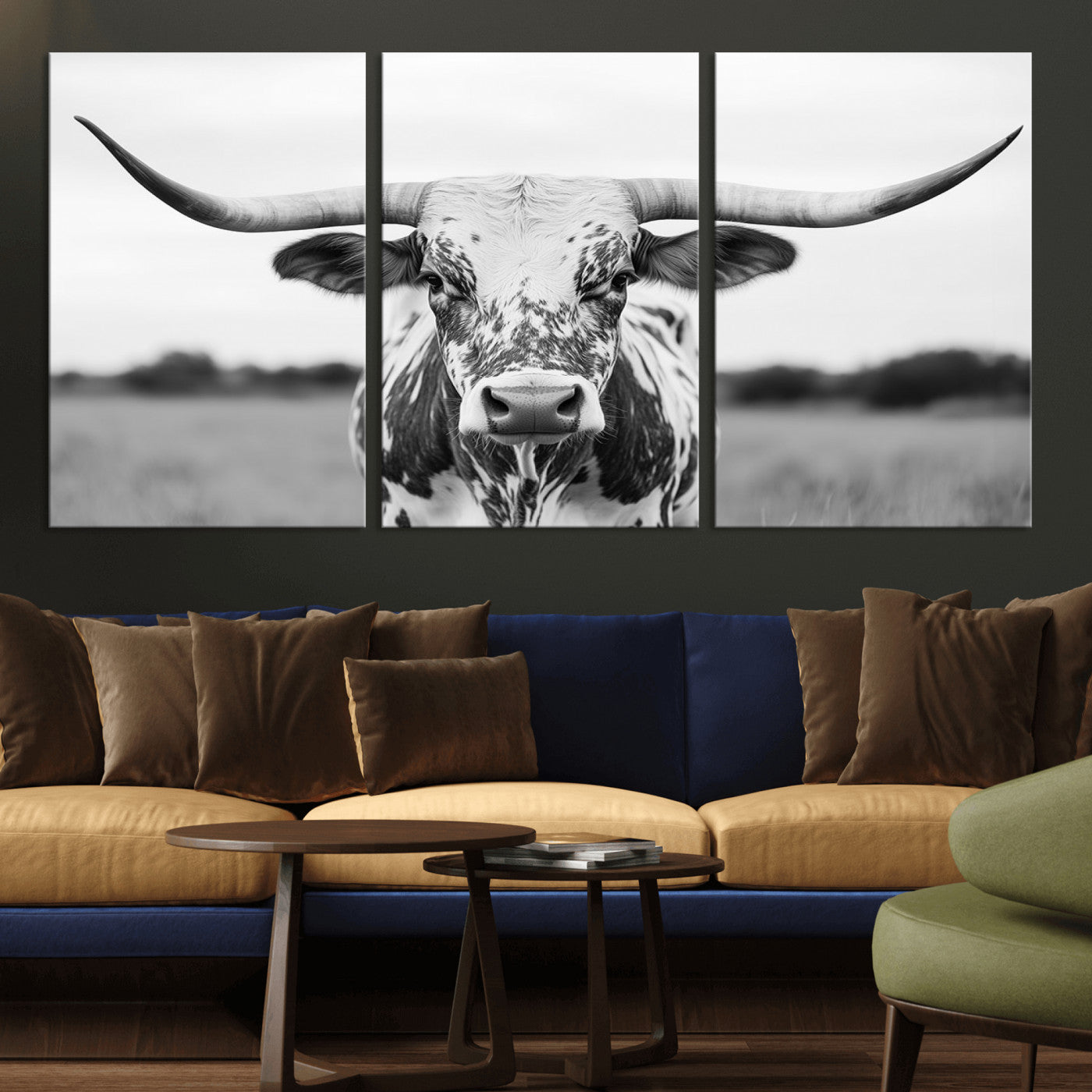 20272-MGV-CV-36X24-Highland Cow Wall Art – Black and White Western Longhorn Canvas Print, Farmhouse Living Room Decor Southwestern Animal Artwork for