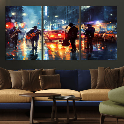 94605-MGV-CV-36X24-City Jazz Night Wall Art – Vibrant Music Canvas Print Featuring Saxophone, Guitar and Bass Players, Urban Street Scene Artwork for