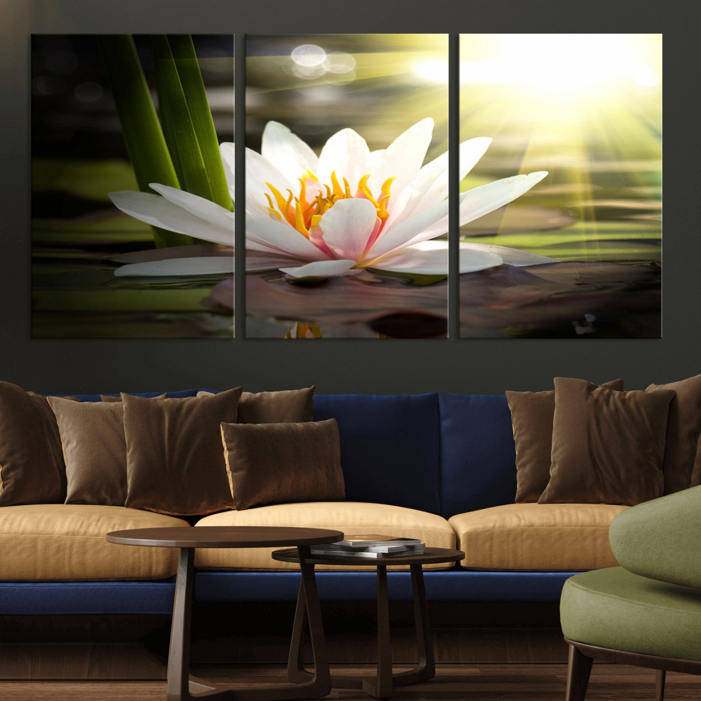 40478-MGV-CV-36X24-Water Lily Wall Art – White Lotus Flower Canvas Print with Sunlight Reflection, Serene Botanical Artwork for Living Room, Bedroom,
