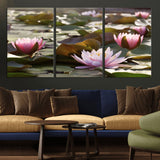 72218-MGV-CV-36X24-Water Lily Pond Wall Art – Pink Lotus Flowers Canvas Print with Green Lily Pads, Peaceful Botanical Artwork for Living Room,