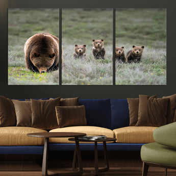 65087B-MGV-CV-36X24-Bear Family Wall Art – Wildlife Canvas Print Featuring Mother Bear with Cubs in Nature, Rustic Animal Artwork for Living Room,