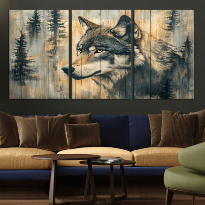 51892-MGV-CV-36X24-Wolf Wall Art – Rustic Canvas Print of Wolf with Forest Trees on Wood Texture, Wildlife Lodge Artwork for Living Room, Bedroom,