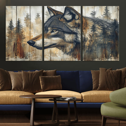 91882-MGV-CV-36X24-Wolf Wall Art – Rustic Canvas Print of Forest Wolf on Wood Background, Wildlife Lodge Artwork for Living Room, Bedroom, Cabin, or