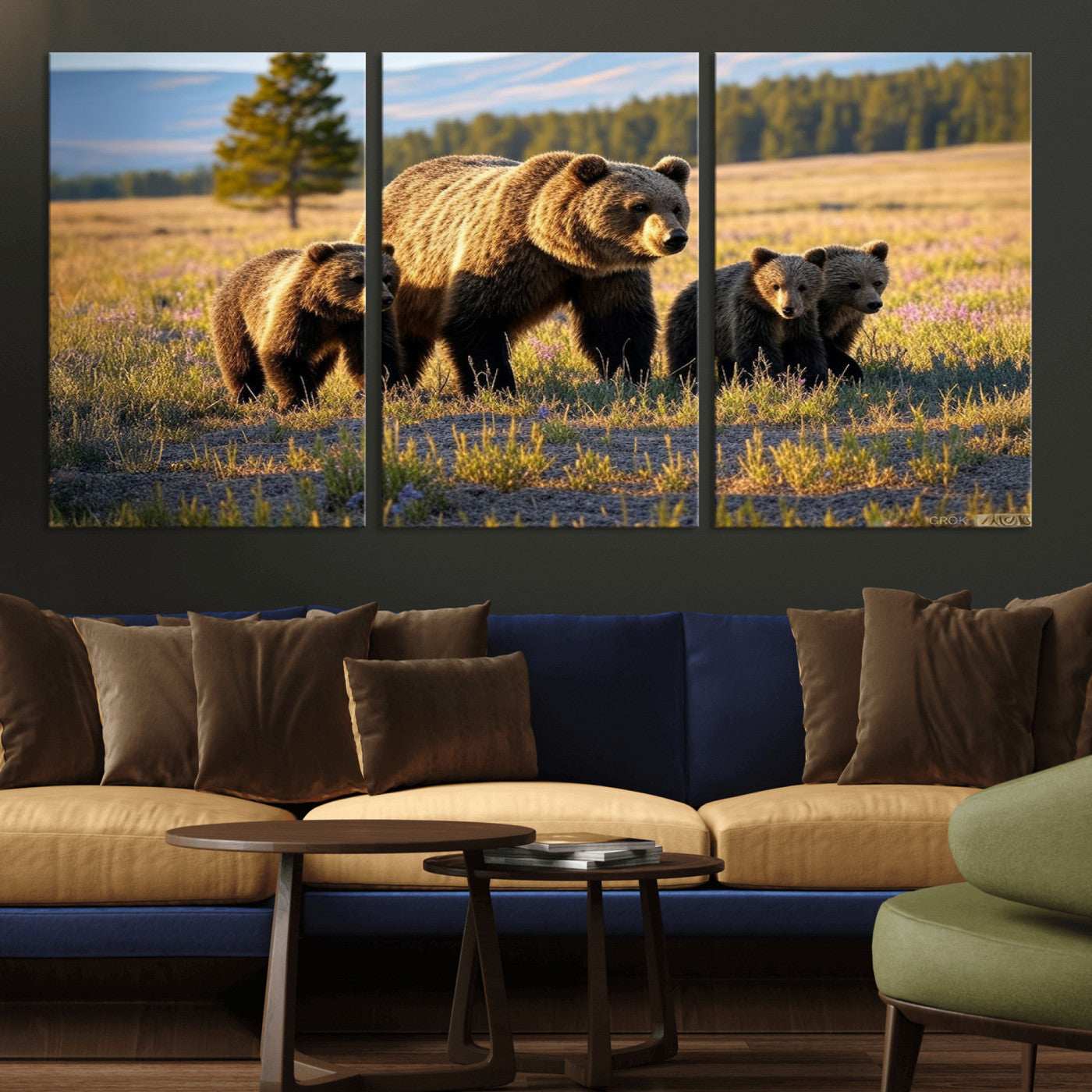 43400-MGV-CV-36X24-Bear Family Wall Art – Wildlife Canvas Print of Mother Bear with Cubs in Sunlit Meadow, Rustic Animal Artwork for Living Room,