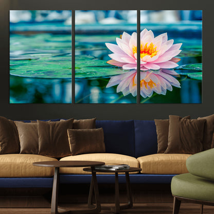 30320-MGV-CV-36X24-Pink Water Lily Wall Art – Lotus Flower Canvas Print with Reflection Water, Peaceful Botanical Artwork for Living Room, Bedroom,