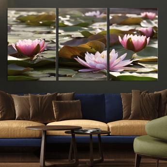 28394-MGV-CV-36X24-Water Lily Pond Wall Art – Pink Lotus Flowers Canvas Print with Green Lily Pads, Peaceful Botanical Artwork for Living Room,