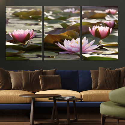 28394-MGV-CV-36X24-Water Lily Pond Wall Art – Pink Lotus Flowers Canvas Print with Green Lily Pads, Peaceful Botanical Artwork for Living Room,