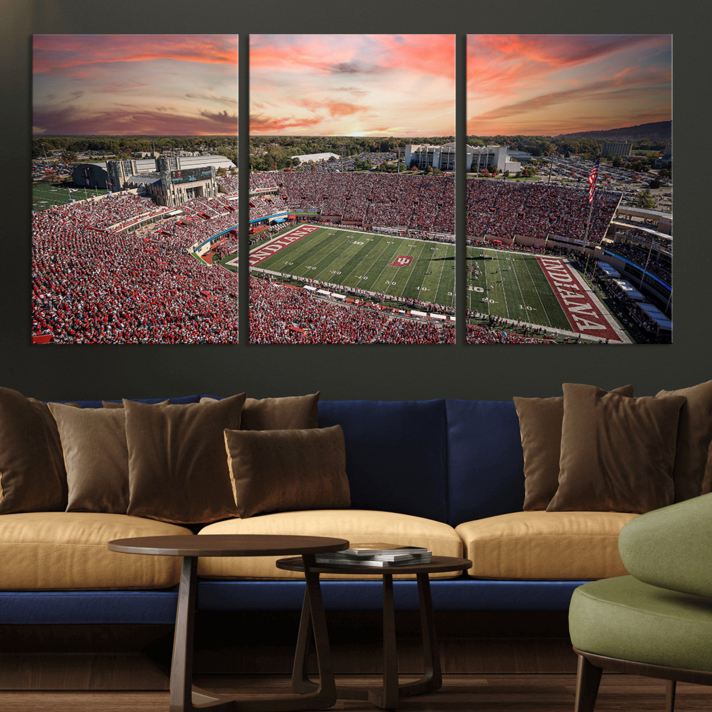 51135-MGV-CV-36X24-Indiana Hoosiers Stadium Wall Art – Panoramic Football Canvas Print with Game Day Crowd and Sunset Sky, Sports Artwork for Man