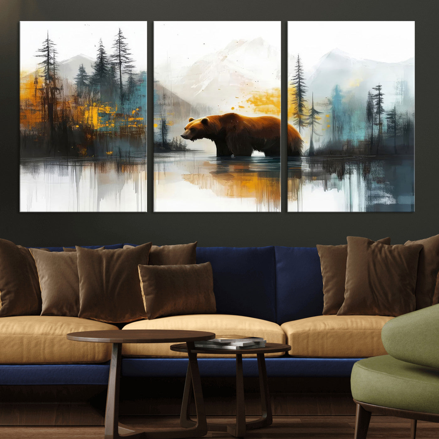 50308-MGV-CV-36X24-Abstract Rustic Bear Wall Art – Forest and Mountain Scene Canvas Print, Nature Artwork for Modern Farmhouse or Log Cabin Decor