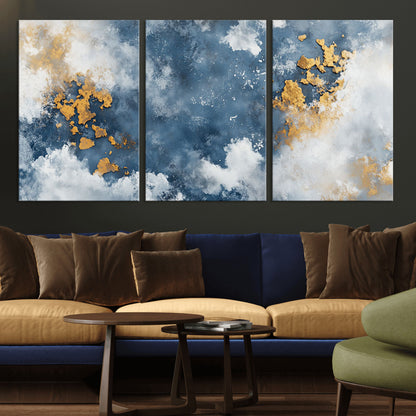 39575-MGV-CV-36X24-Blue and Gold Abstract Wall Art – Modern Canvas Print Featuring Cloudy Textures with Metallic Accents, Contemporary Artwork for