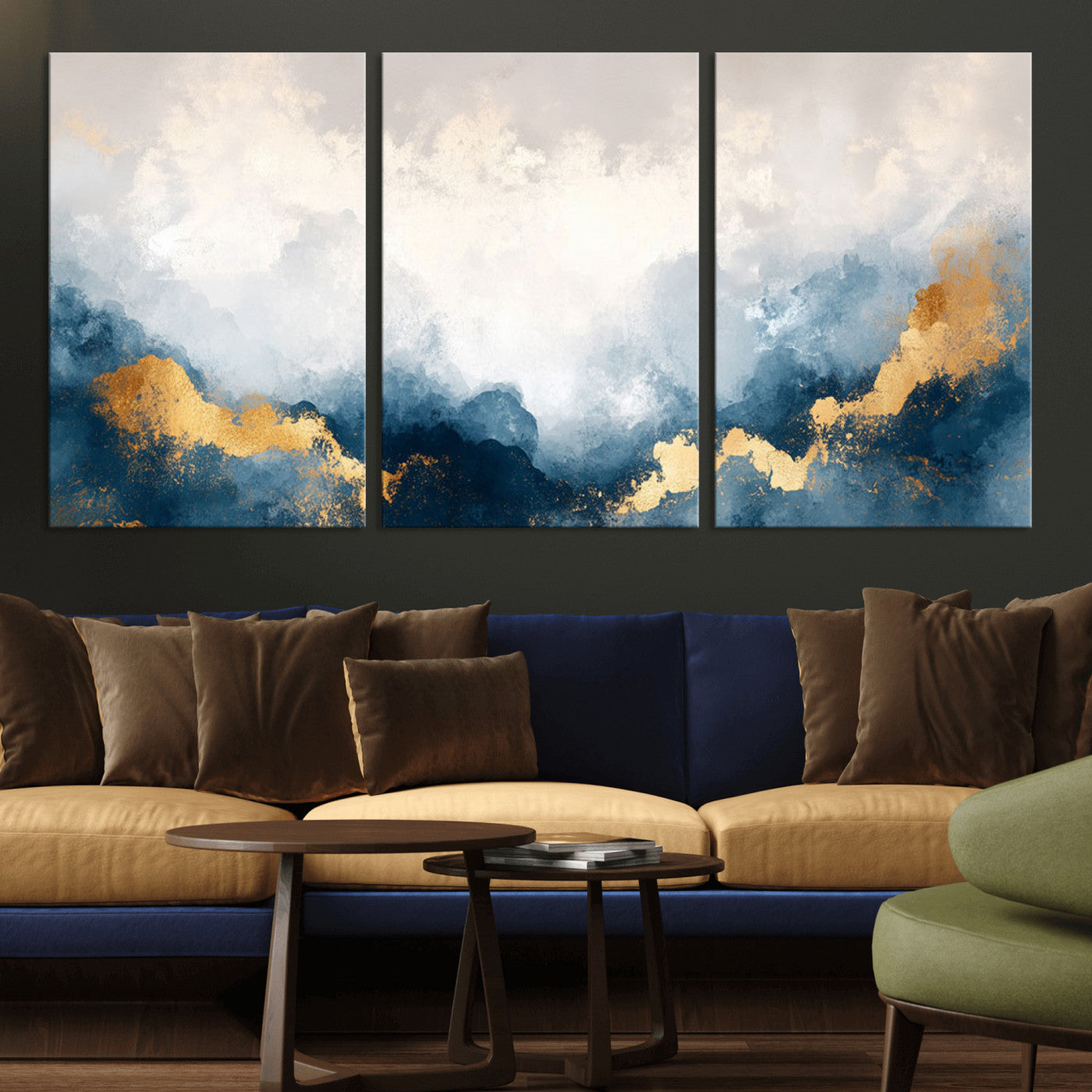 14578-MGV-CV-36X24-Abstract Wall Art – Modern Canvas Print Featuring Blue and White Clouds with Golden Accents, Contemporary Elegant Artwork for