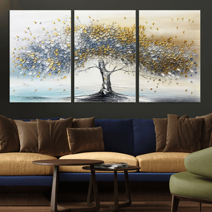 24771-MGV-CV-36X24-Silver Tree Wall Art Canvas Print, Framed Golden Leaves Art Picture Print, Metallic Tree Perfect Minimalist Luxury Decor Artwork