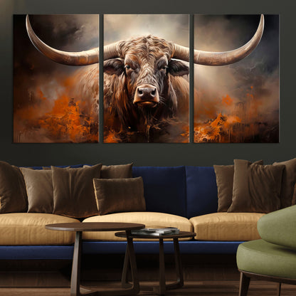 240479-MGV-CV-36X24-Longhorn Bull Wall Art – Dramatic Western Canvas Print Featuring Horned Bull with Fiery Background, Rustic Farmhouse Artwork for