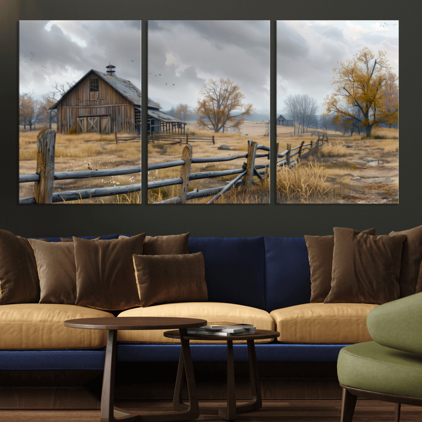 Farm1-MGV-CV-36X24-Rustic Autumn Farmhouse Wall Art – Serene Countryside Scene Canvas Print, Weathered Barn and Autumn Trees Decor for Living Room,