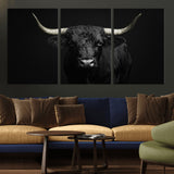 97914921-MGV-CV-36X24-Black Bull Wall Art Canvas Print, Framed Longhorn Bull Art Picture Print, Western Bull Perfect Monochrome Western Decor Artwork