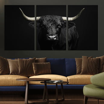 97914921-MGV-CV-36X24-Black Bull Wall Art Canvas Print, Framed Longhorn Bull Art Picture Print, Western Bull Perfect Monochrome Western Decor Artwork